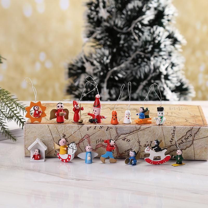 48PCS Per Box Wooden Christmas Tree Ornaments Hanging Decoration Santa Warm Gift Christmas Toppers