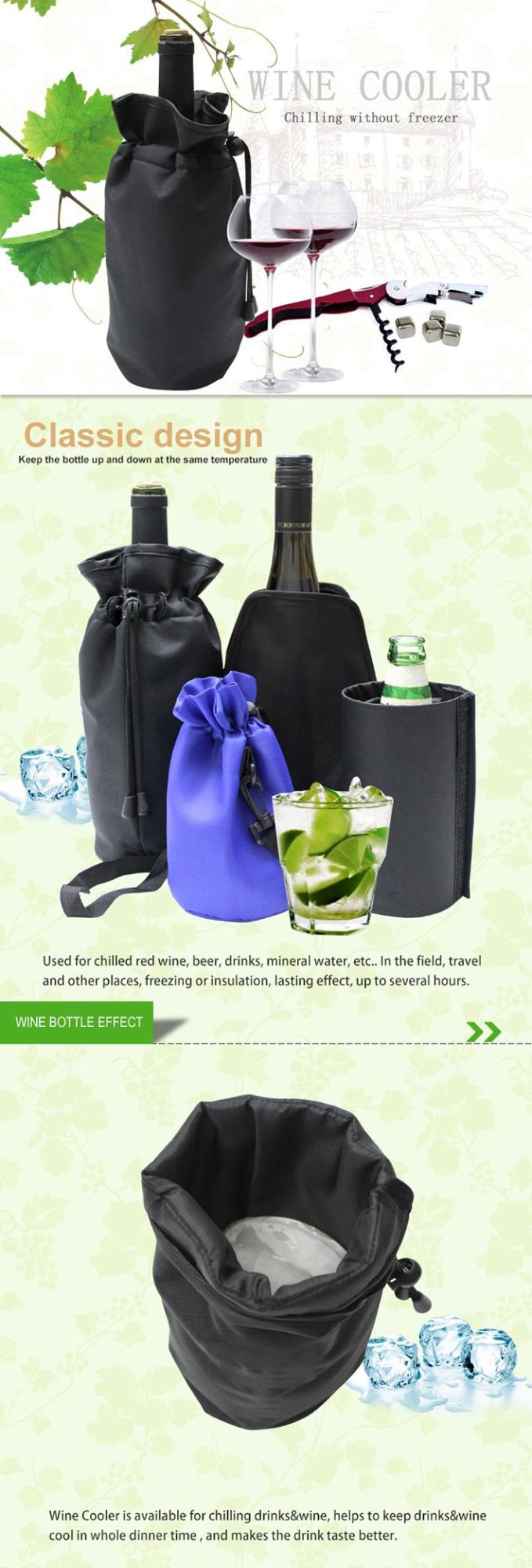 Premium Nylon Fabric Champagne Chill Bottle Gel Cooler Sleeve for Barware