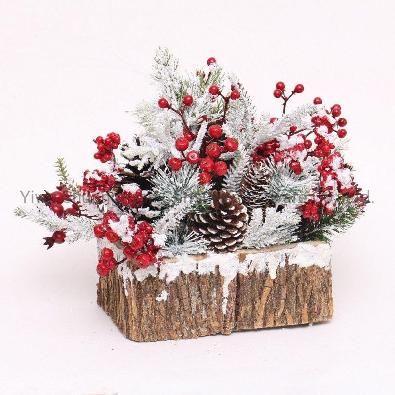 25cm PE Artificial Christmas Deco Tree with Flower Leaf Pinecone Snow Red Berry