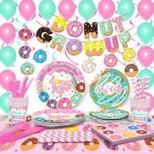 Donut Pink Dessert Girl Party Paper Cup Plate Knife Tablecloth Banner