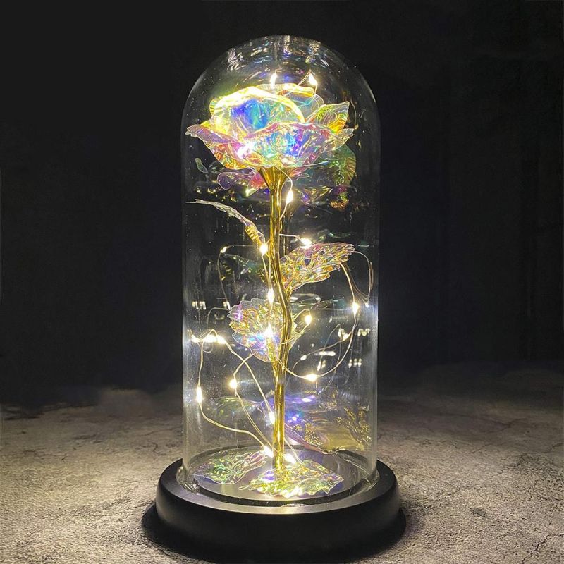 Factory Wholesale 24 K Flower Valentines Gift 24K Gold Foil Dipped Plated Galaxy Rose in Glass Dome LED