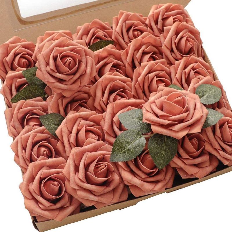 Amazon Artificial Flowers 25PCS Real Looking Burgundy Foam Fake Roses with Stems for DIY Wedding Bouquets Red Bridal Shower Centerpieces Party Decorations