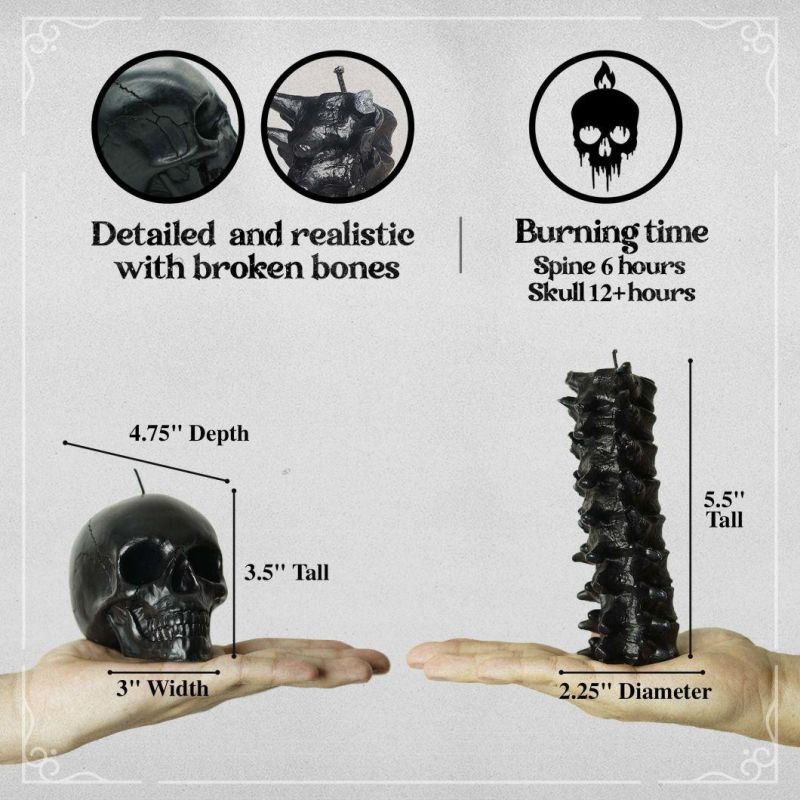 Spine & Skull Candle Set - Scented 4 Pack - Gothic Decor for Bedroom - Black Skull Decor for Home - Goth Room Decor