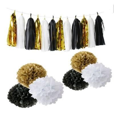 Paper Pompoms Flower 21PCS Black White Gold Paper Tassel Party Decoration Kit