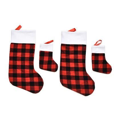 New Christmas Ornaments Gift Candy Bag Pendant Red Black Check Plush Christmas Stockings