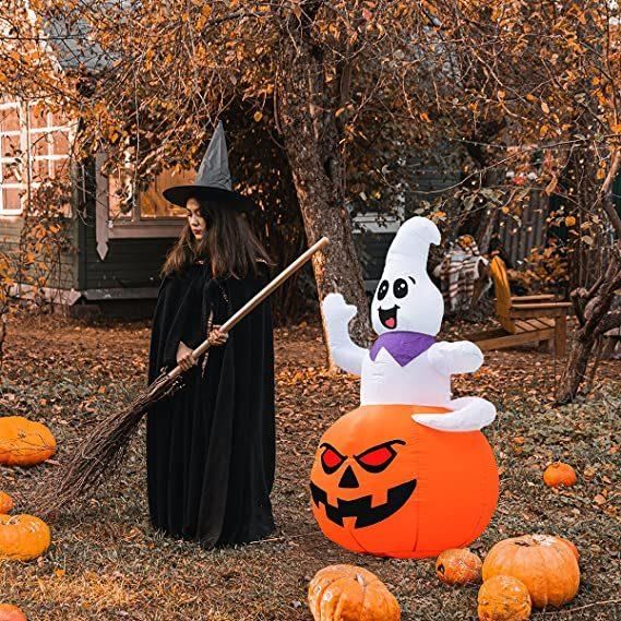 5FT Inflatable Halloween Ghost Sitting on The Pumpkin