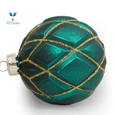Green Christmas Decorative Glass Ball with Rhombus Designs for Holiday Decoration