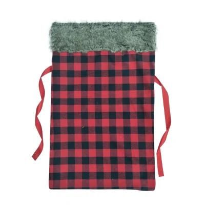 Fur Plaid Polyester Gifts Sacks Custom Logo Drawstring Bag with Ribbon