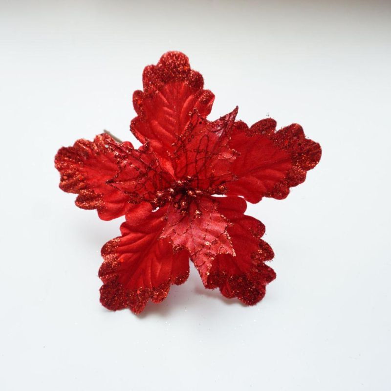 Artificial Sequined Poinsettia Decorative Christmas Flower Bronzing Flannelette Gauze