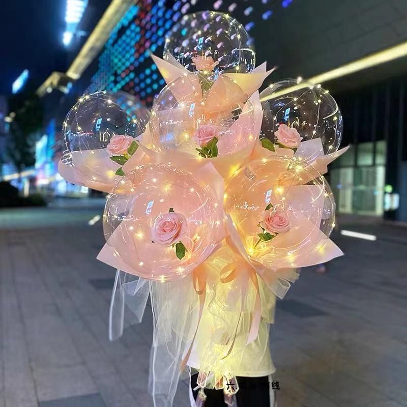 New Hot Sale LED Luminous Balloon Transparent Bobo Balloon Rose Bouquet for Valentines Day Gift