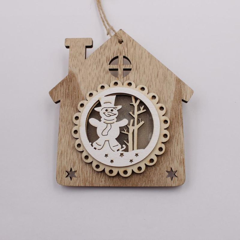 Wooden Santa Claus House Snowman Christmas Decoration Light Glow Pendant Snowflake Ornament