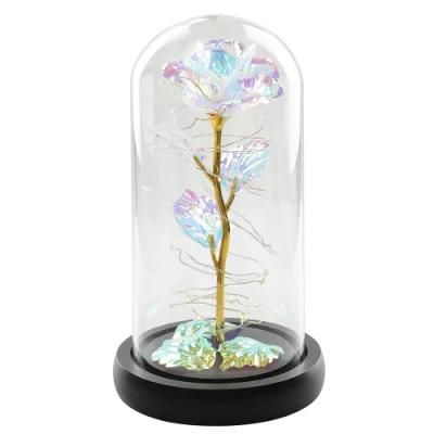 3 Leaves Beauty Beast Rose in Glass Dome Wooden Base Valentine&prime;s Gifts LED Rose Lamps Christmas Galaxy Rose Glass Dome