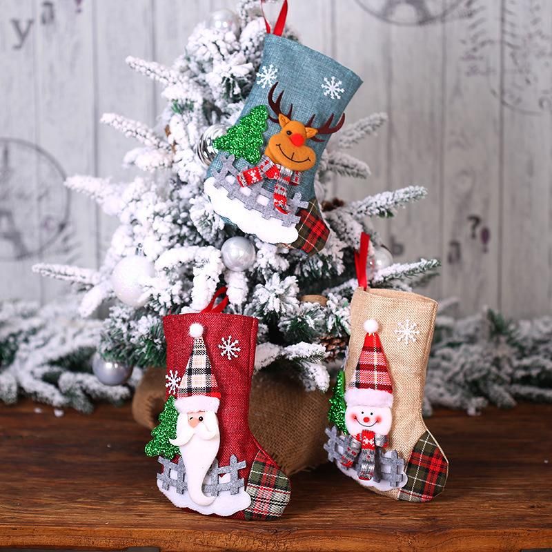 Christmas Decorations Santa Claus Socks Plaid Dolls Linen Socks Christmas Tree Pendant Display a Christmas Gift Bag