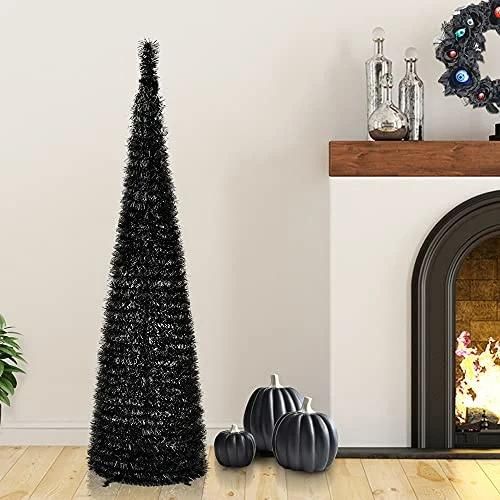 5′ Slim Black Tinsel Pop-up Artificial Halloween Christmas Tree, Decoration Halloween Christmas Trees