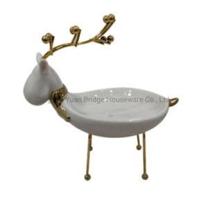 Ceramic Candle Holder Deer with Gold Color Decor for Christmas