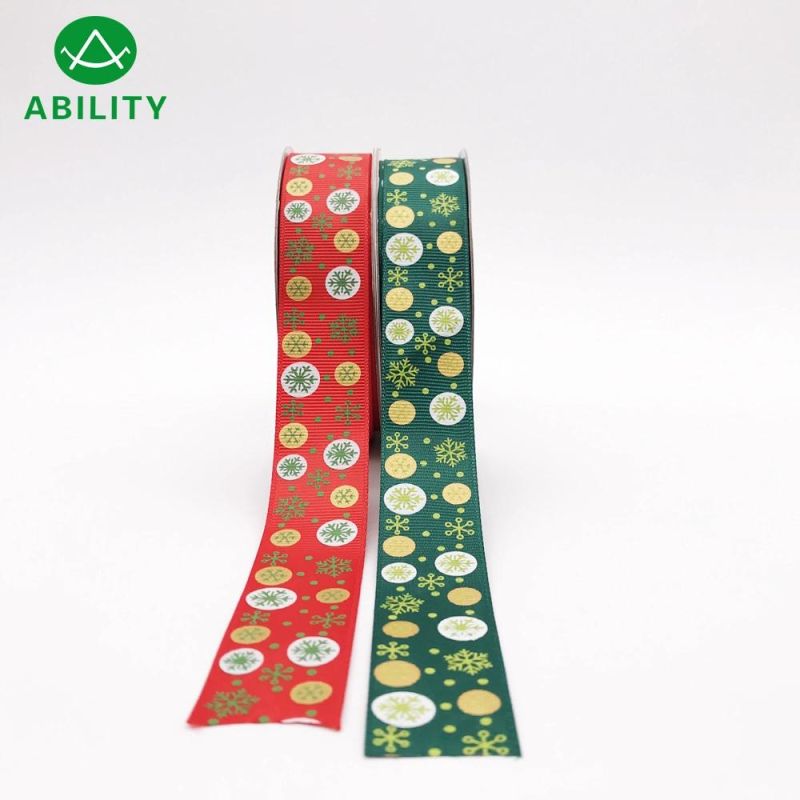 Hot Selling Polyester Snow Printed Chiristmas Grosgrain Ribbon