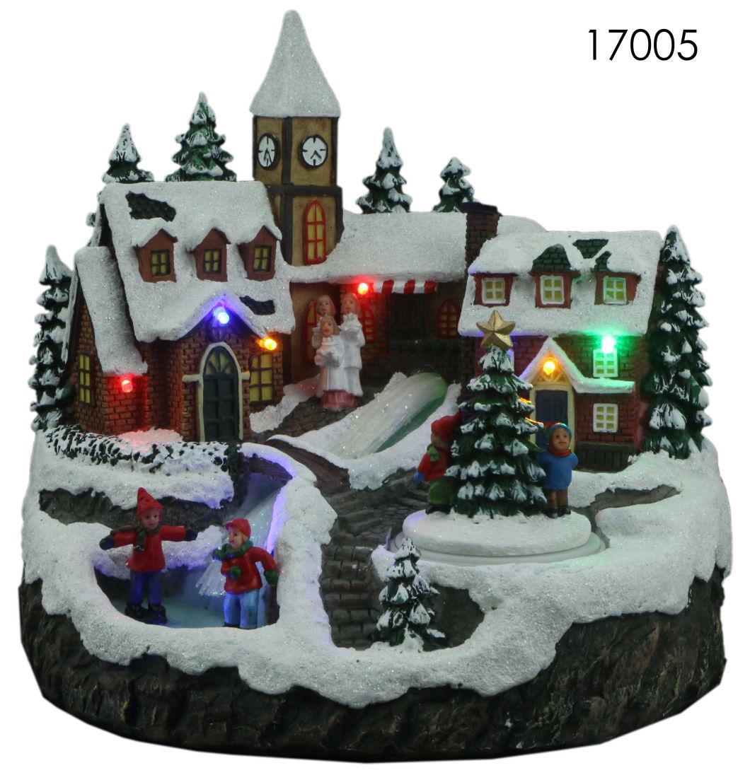 New Arrival Christmas Village House with LED Lights with Running Water Wheel with Snowman Rotation Function with Music