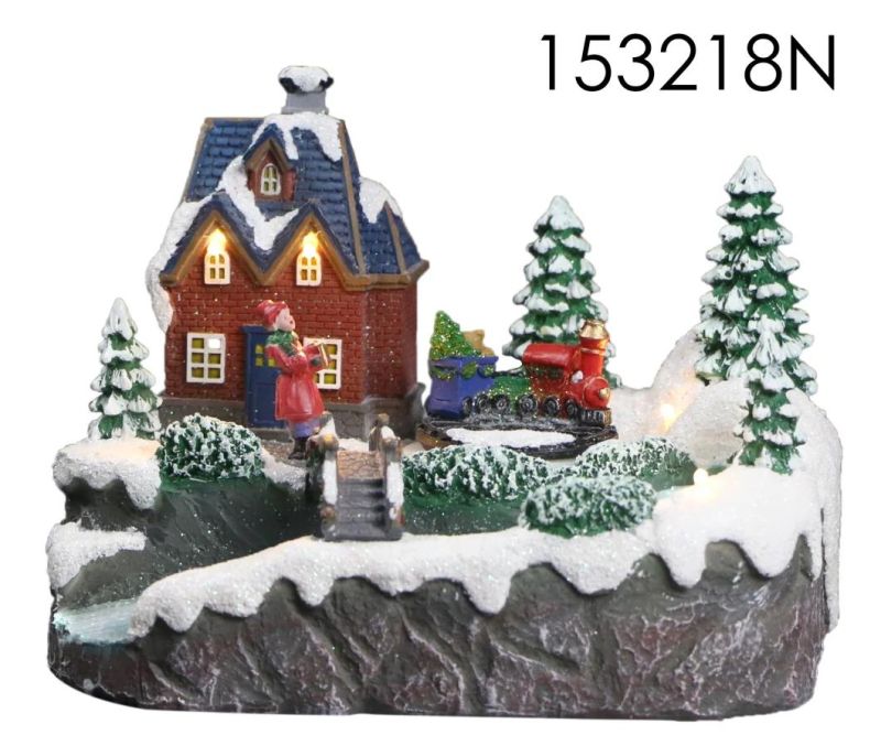 New Design Christmas Wooden House with LED Lights and Snowman, Children Around The Christmas Tree Decoration Rotation Function
