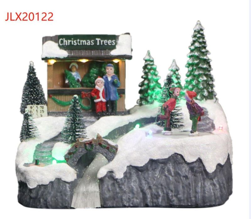 Polyresin Holiday Decor Fiber Optic Reindeer Sleigh Scene LED Illuminated Musical Christmas Village Houses Decoration with 8 Xmas Songs