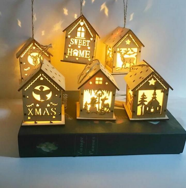 LED Light Wood House Christmas Tree Decorations for Home Hanging Ornaments Xmas Gift
