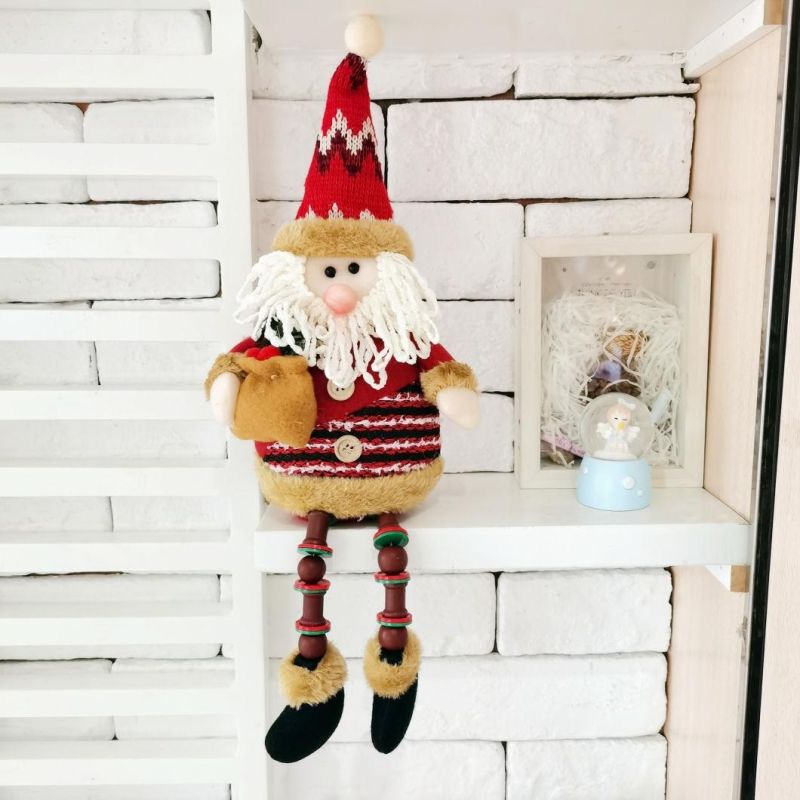 Christmas Decoration Desktop Ornaments Sitting Snowman Wooden Beads Long Legs Cloth Doll Santa Claus Doll