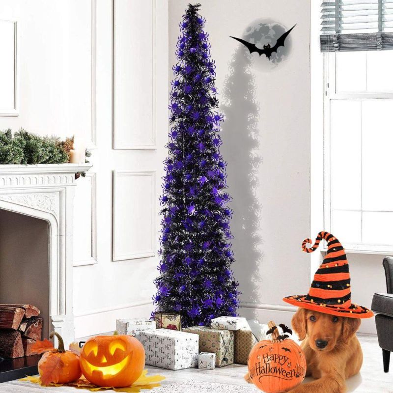 5 Foot Black Tinsel Halloween Christmas Tree with 50 Color Lights - Collapsible Pop up Spider Sequin Artificial Pencil Halloween Tree Decorations for Home Firep