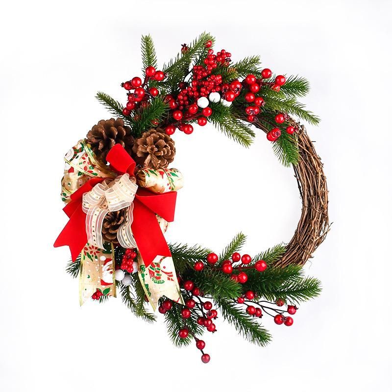 New 40cmpe Decoration Pine Cone Red Fruit Christmas Cloth Flower Wall Hanging Door Hanging Christmas Wreath