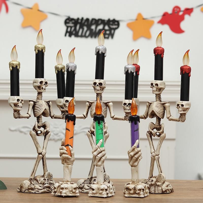 Halloween 3 Candles Holder Candelabra Skull Skeleton Table Candlestick Home Decoration LED Candles