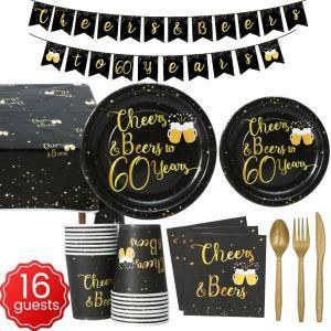 Black Gold Party Disposable Tableware 60th Birthday Party Decorations
