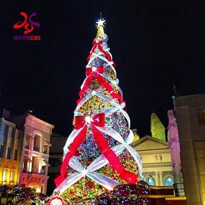 Giant Artificial Christmas Tree Illuminated 30FT 40FT 50FT spiral Large Christmas Tree with Motif Lights Bowknot Ribbon