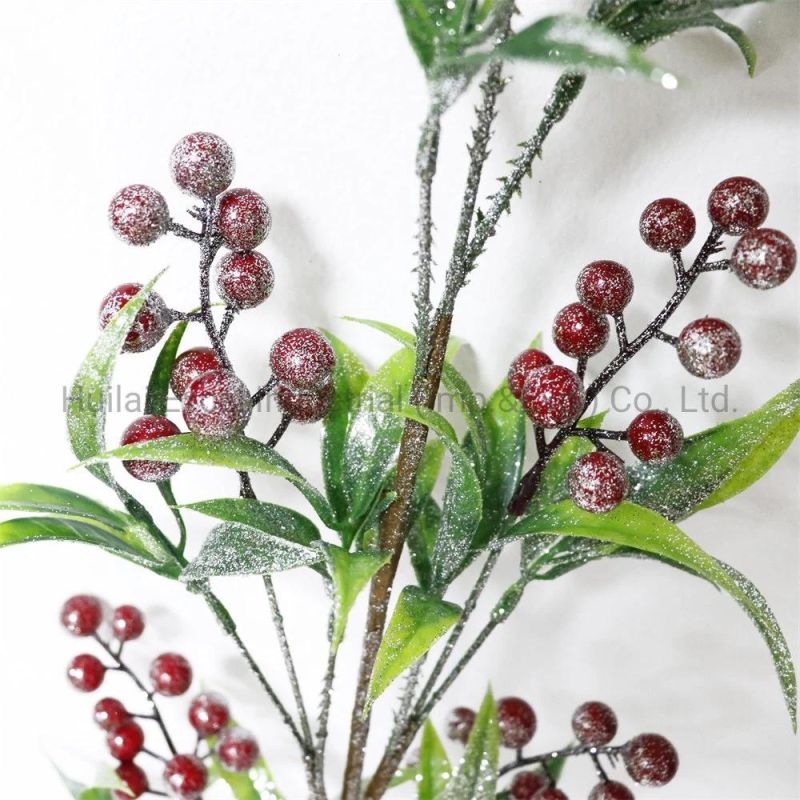 Christmas Floral Picks Red Berry Branches Green Leaves Spray Glitter