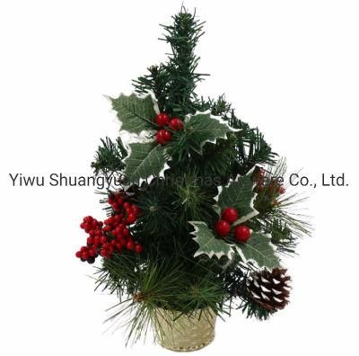 Green Mini Christmas Tree Decorated with Green Leaf Red Berries Pinecone