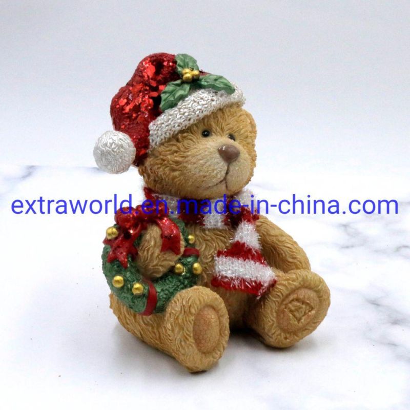 Handpainting Resin Christmas Teddy Bear with Glitter Coating Decoration