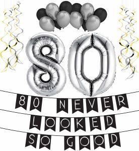 Umiss 80 Never Looked So Good Birthday Decoration Party Pack Black Silver Happy Birthday Bunting Balloon Swirls