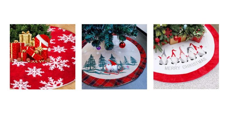 Christmas Tree Skirt 47 Inch Red Linen Xmas Tree Skirts with POM POM for Christmas Decorations, Winter New Year House Decoration Supplies