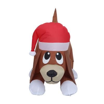 4FT Christmas Inflatable Dog with Red Hat Indoor, Indoor Outdoor Yard Decoration