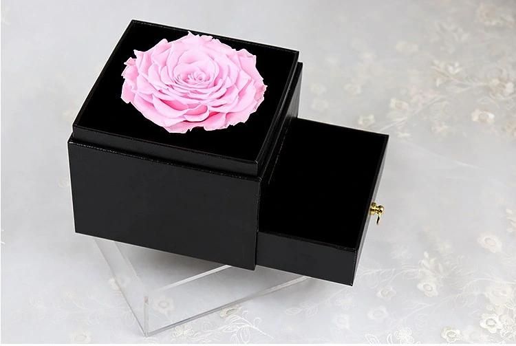 Best Valentine′s Day Gift Real Preserved Rose Flower Single Large 9-10cm Rose in Drawer Gift Box for Decoration