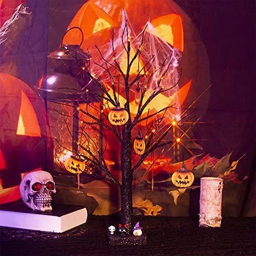 2FT Halloween Black Tree Battery Powered with 24 Orange Lights and Pumpkin Ornaments Light up Bonsai Tree for Halloween Indoor Tabletop Decoration