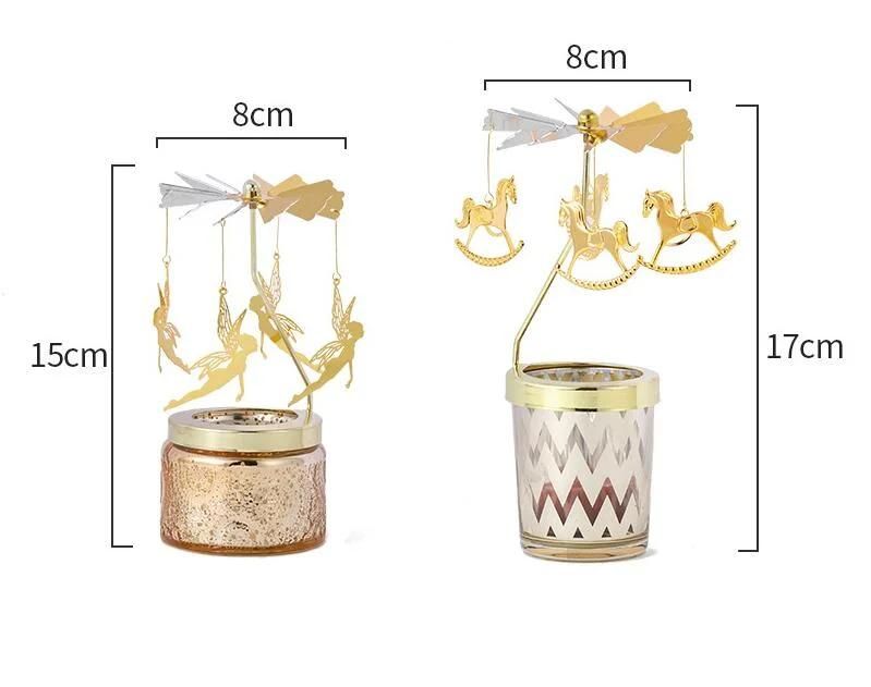 Vss Customized Golden Carousel Rotary Tealight Glass Candle Holder for Christmas Present