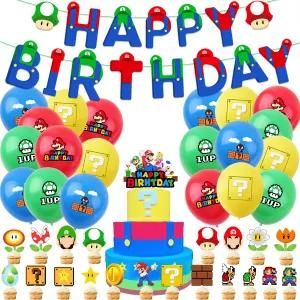 Mario Themed Party Decorations Birthday Banner Cake Topper Balloon Set
