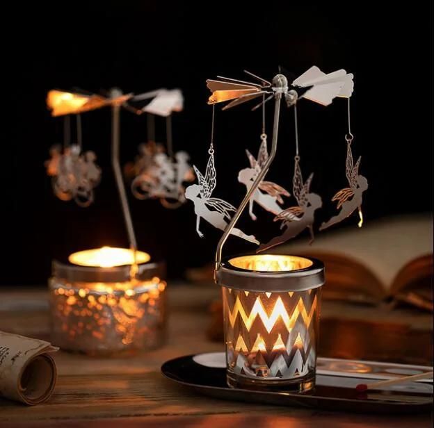 Vss Customized Golden Carousel Rotary Tealight Glass Candle Holder for Christmas Present