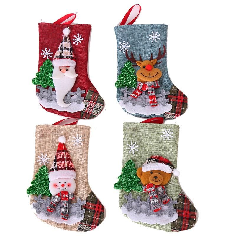 Christmas Decorations Santa Claus Socks Plaid Dolls Linen Socks Christmas Tree Pendant Display a Christmas Gift Bag