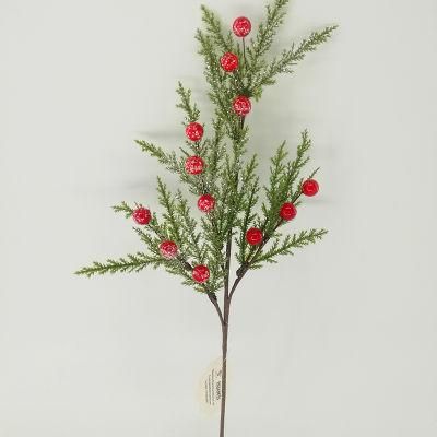 High Quality Artificial Christmas Glitters Pine Leaves Picks with Red Berry Branch for Xmas Decoration