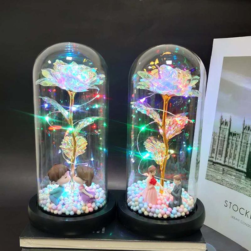 Luxury Gift Sets Valentine Forever LED Rainbow Rose Glass Dome