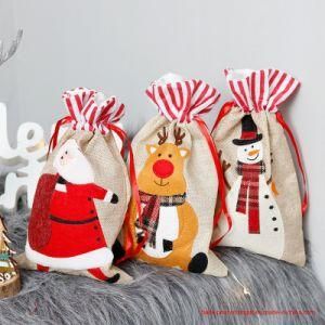 Hot Style Christmas Decorations Linen Three-Dimensional Embroidered Tote Bag Children&prime;s Gift Bag Candy Bag Storage Bag