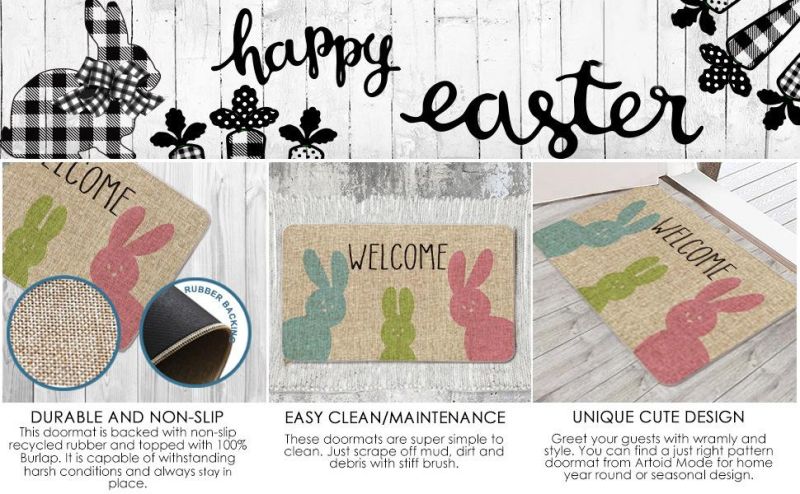 Welcome Easter Rabbits Elegant Decorative Doormat, Seasonal Spring Easter Farmhouse Holiday Low-Profile Floor Mat Switch Mat