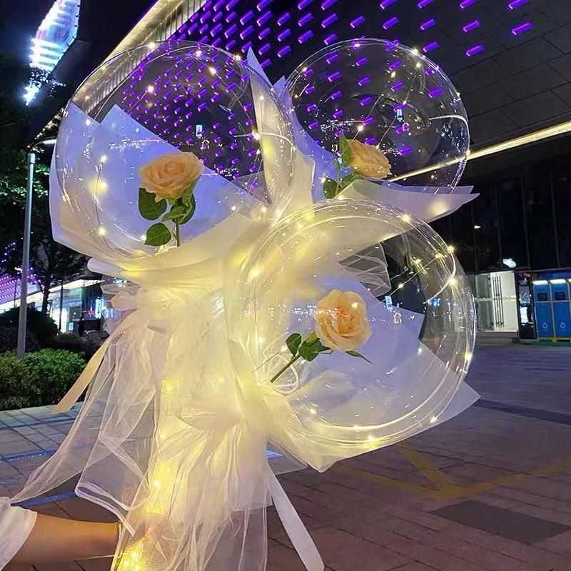 New Hot Sale LED Luminous Balloon Transparent Bobo Balloon Rose Bouquet for Valentines Day Gift