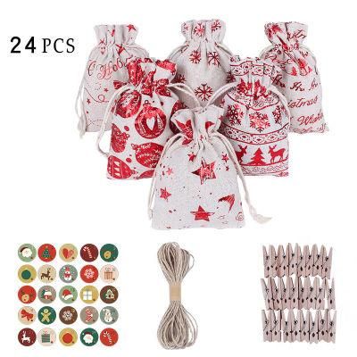 Christmas Decorations Candy Drawstring Cotton Gift Bag Advent Calendar Countdown 24 PCS Sets