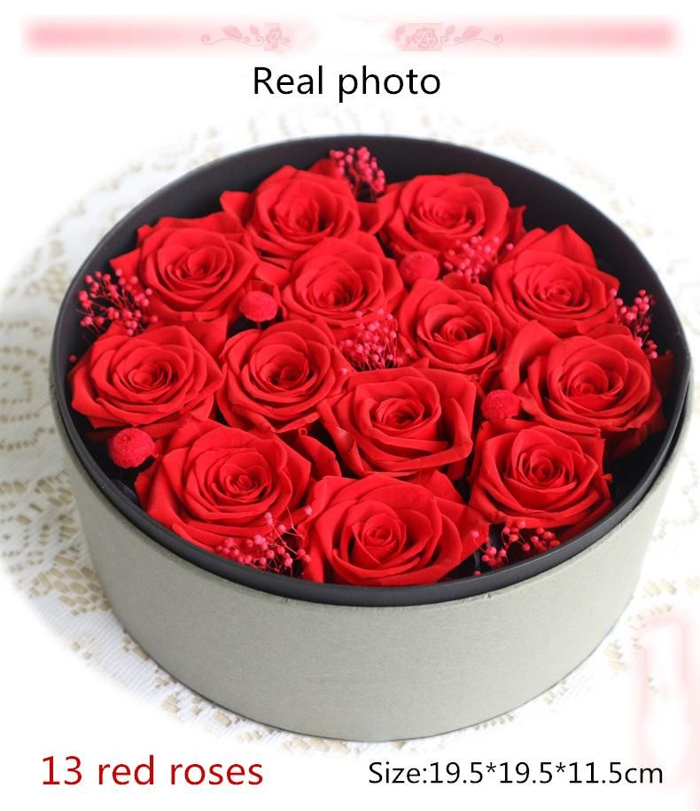 OEM Natural Real Fresh Preserved Roses Flower 13 Roses in Round Gift Box for Valentines Day Gift