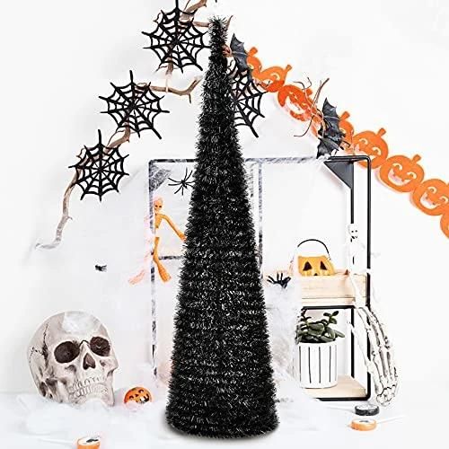 5′ Slim Black Tinsel Pop-up Artificial Halloween Christmas Tree, Decoration Halloween Christmas Trees